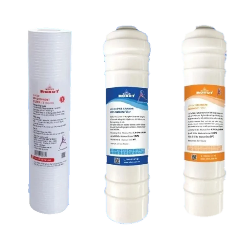 Bộ 3 lõi lọc thô Taiwan 10" sử dụng cho máy loại 1 cốc rời: PP5 + Pre Carbon (kín) + Sediment PP (kín)