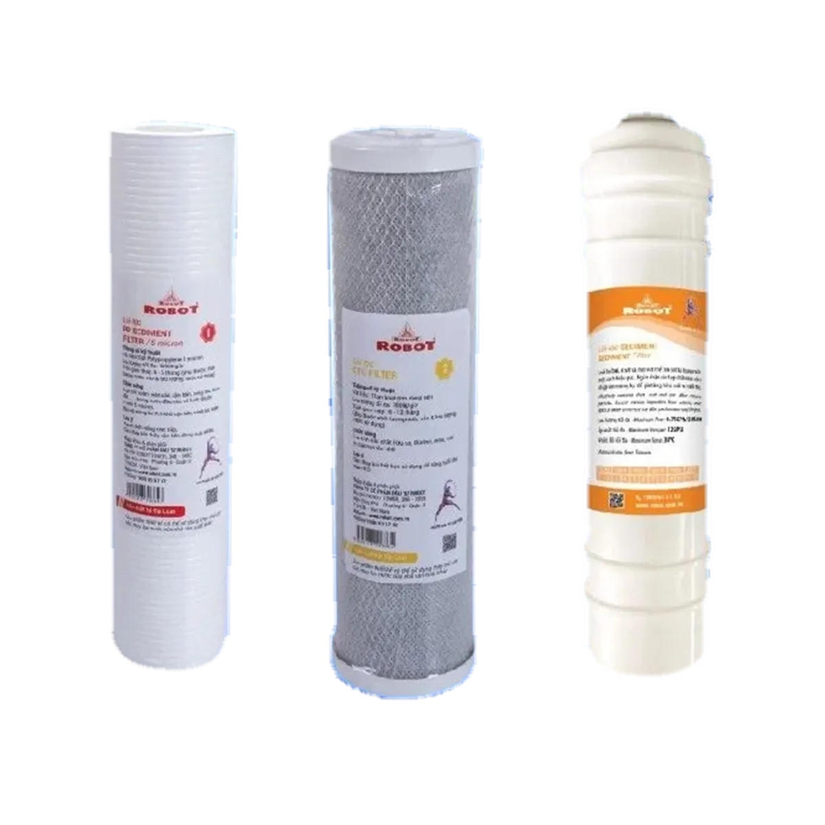 Bộ 3 lõi lọc thô Taiwan 10" sử dụng cho máy loại 2 cốc rời: PP5 + CTO + Sediment PP (Kín)